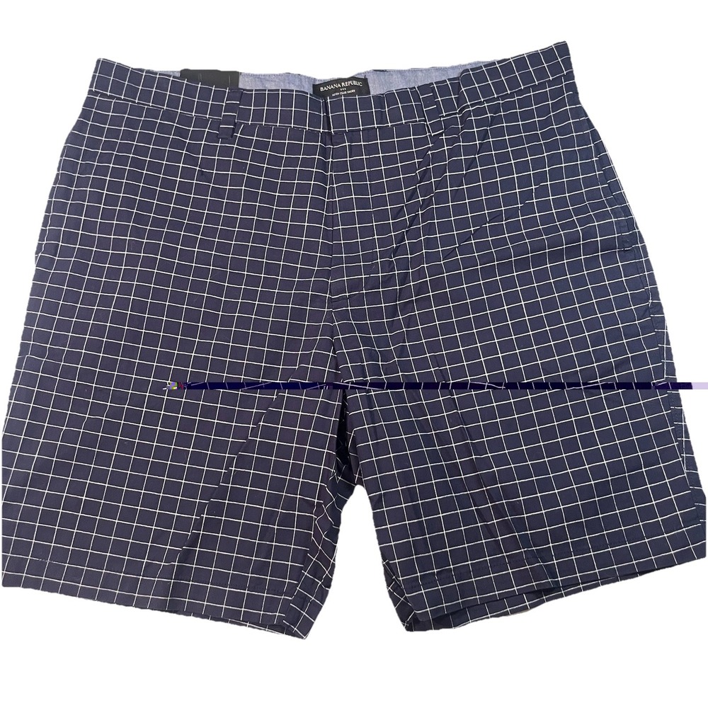 NWT Banana Republic Men's Blue Check Aiden Club Fit Flat Front Shorts Size 36